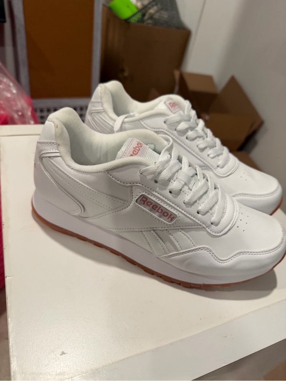 Reebok White Sneakers with Gum Sole and Pink Logo no box